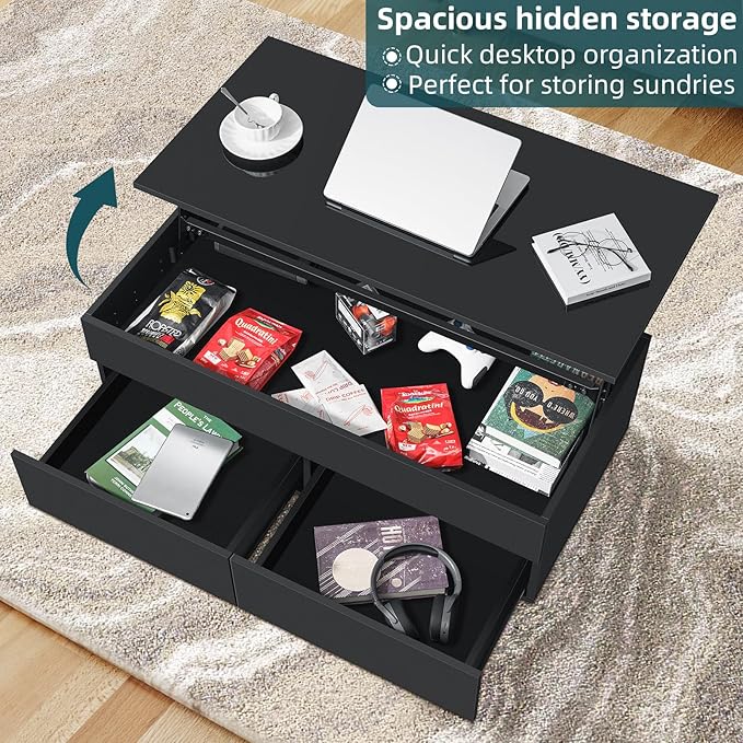 LED Coffee Table with Lift Top Morden Coffee Table with Storage High Gloss Black Sofa Table for Living Room Center Tables Hidden Compartment & 2 Drawers