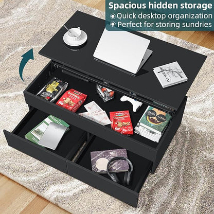 LED Coffee Table with Lift Top Morden Coffee Table with Storage High Gloss Black Sofa Table for Living Room Center Tables Hidden Compartment & 2 Drawers