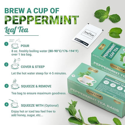 LeafLea 40 Peppermint Tea Bags, Natural Peppermint Leaf Herbal Tea with Cool Taste, Te De Menta for Gentle Digestive Support, Te De Hierba Buena, Caffeine-Free, Sugar-Free, Vegan, Individually Wrapped