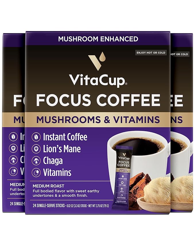 VitaCup Focus Mushroom Coffee Instant Packets, for Memory & Clarity Support, w/Fiber, Chaga, Lion’s Mane, D3, B Vitamins, Medium Roast, 100% Arabica & Robusta Coffee in Single Serve Sticks, 72 Ct