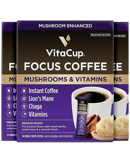 VitaCup Focus Mushroom Coffee Instant Packets, for Memory & Clarity Support, w/Fiber, Chaga, Lion’s Mane, D3, B Vitamins, Medium Roast, 100% Arabica & Robusta Coffee in Single Serve Sticks, 72 Ct