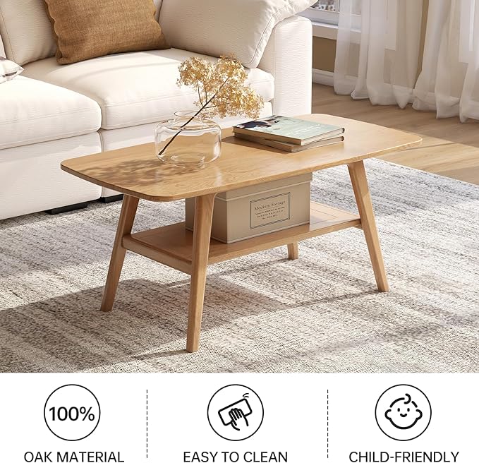 100% Solid Wood Coffee Table for Living Room, 39.37" Mid Century Modern Small Tables with Shelf Storage, 2-Tier Coffee Table with Rounded Corners (Oak Wood Log Color, 39.37" L)