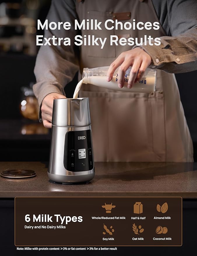 Dreo Milk Frother [Upgraded], All-in-1 Electric Foam Maker for Coffee, 15oz/450ml Automatic Foam Frother for Latte Art-level Microfoam, 30+ Drinks, Dishwasher Safe, Easy to Clean, LED display