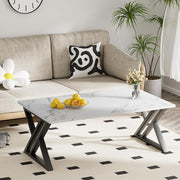 Coffee Table White Living Room Center Table, Simple Modern Faux Marble Rectangular Tea Table with Sturdy Black Metal Frame,Industrial Wooden Coffee Table for Bedroom Home Office