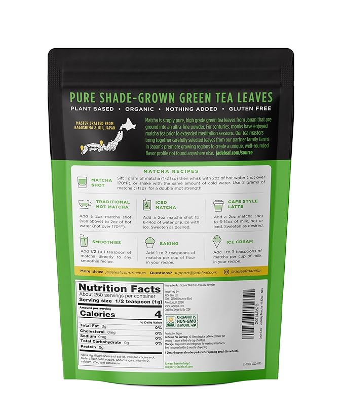 Jade Leaf Matcha Organic Premium Ceremonial Grade Matcha Green Tea Powder - Japanese - Culinary, Ingredient, Ceremonial Barista Teahouse, Latte, Collagen, 8.8 Ounce (Pack of 1), Culinary