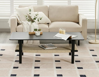 Black Coffee Table for Living Room Farmhouse Coffee Table with Natural Rattan Storage Shelf Large 2-Tier Rectangular Center Table for Living Room Reception