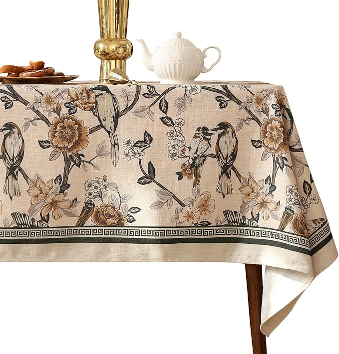 Designer Vintage Linen Rectangular Tablecloth,Floral and Bird Pattern Elegant Table Cloth,Fall Wrinkle Resistant Decor Tablecloths for Dining Kitchen Party Christmas,55"*87"-Murad A