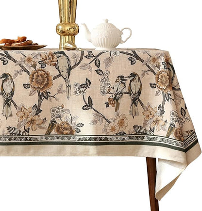Designer Vintage Linen Extra Long Tablecloth Rectangle,Floral and Bird Pattern Elegant Table Cloth,Fall Wrinkle Resistant Decor Tablecloths for Dining Kitchen Christmas,67"*118"-Murad A