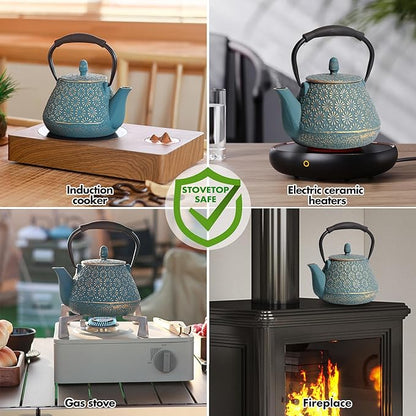 Cast Iron Teapot, 32oz Tea Kettle with Infuser for Stove Top, Sakura Blossom Pattern Japanese Tea Pot for Tea & Coffee Coated with Enameled Interior, Silicone Handle 950ml Blue