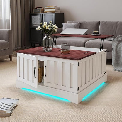 31.5" Lift Top Coffee Table with Storage, Led Square White Coffee Table with Large Hidden Storage, Wood Living Room Table Center Table for Living Room Dining Reception Room