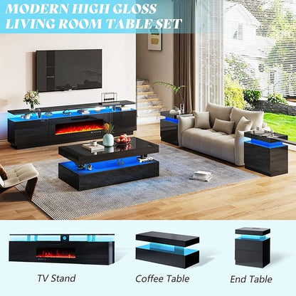 AMERLIFE High Gloss LED Coffee Table, Modern 2-Tier Center Table with LED Lights, Open Storage Space, 40in Simple Rectangular Sofa Side Table for Living Room, Black