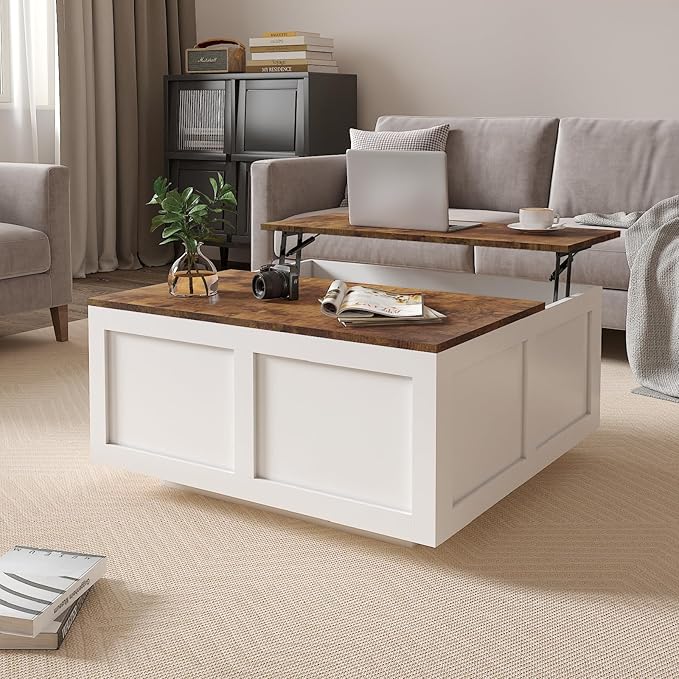 Lift Top Coffee Table with Storage, 31.5" Square White Coffee Table with Large Hidden Storage, Wood Living Room Table Center Table for Living Room Dining Reception Room
