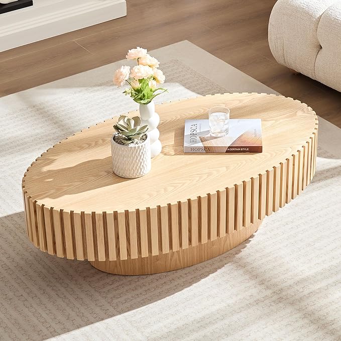 43.7 Inch Oval Drum Coffee Table, Modern Handcraft Fluted Drum Coffee Table, Wooden Round Coffee Table Center Table with Sturdy Pedestal for Living Room Apartment (Natural)