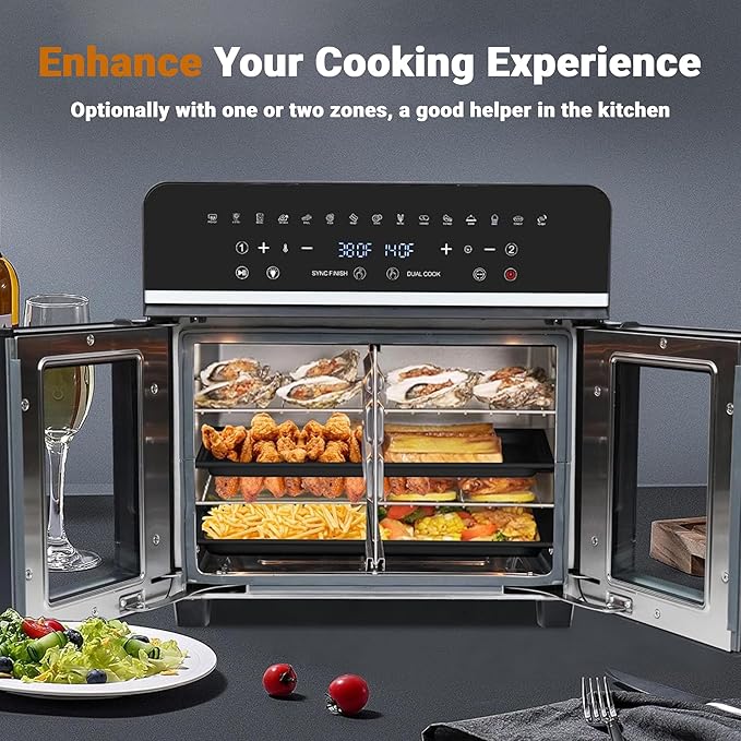 24Qt Large Air Fryer Toaster Oven Combo - French Double Door Airfryer, 15 Cooking Functions Touch Dual Zone Independent Control Electric Oven, Stainless Steel Air Fryers Oven 13 Accessories & Cookbook