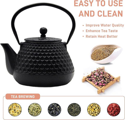 20.3oz Small Cast Iron Teapot, SECHUDO Cast Iron Tea Kettle for Stovetop Safe Coated with Enameled Interior, Cast Iron Tea Pot with Stainless Steel Infuser for Loose Tea (Black Honeycomb Pattern)