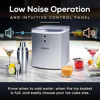 Igloo Electric Countertop Ice Maker Machine - Automatic and Portable - 33 Pounds in 24 Hours - Ice Cube Maker - Ice Scoop and Basket - Ideal for Iced Coffee and Cocktails - Silver