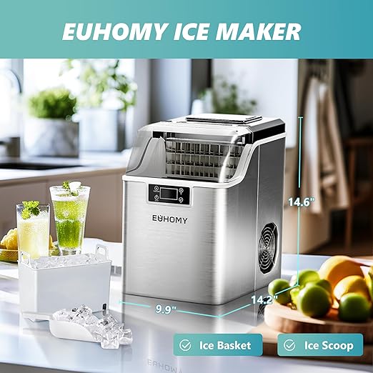 EUHOMY Ice Cube Maker Machine Countertop, 2 Ways to Add Water, 45Lbs/Day 24 Pcs Ready in 13 Mins, Self-Cleaning Portable Compact, with Ice Scoop & Basket, Perfect for Home/Kitchen/Office/Bar