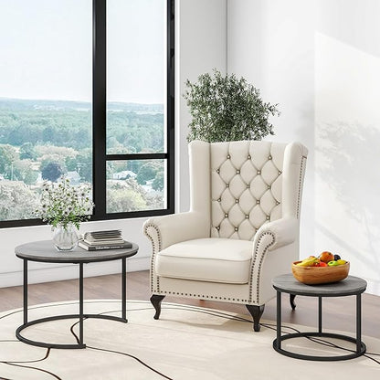 Nesting Round Coffee Table Set of 2 End Tables for Living Room,Grey Coffee Table Wooden Accent Furniture with Metal Frame,Stacking Side Tables,Black+Warm Grey