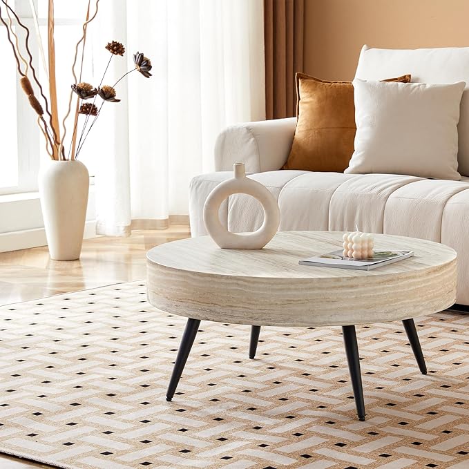 31.5" Modern Round Coffee Table,Small Coffee Tables Center Table with Metal Legs Wood Mars Marble-Patterned Tabletop for Living Room Office Apartment,Easy to Assemble, Wood Mars Marble