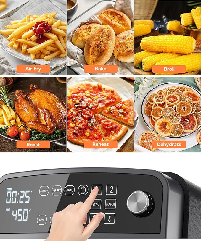 12QT Dual Layer Air Fryer Oven, 6QT×2 Capacity, Vertical 2-Basket Design, 7-in-1 Function with Broil, Roast, Bake, Reheat, Dehydrate, and Air Fry, Family Size, BPA-Free