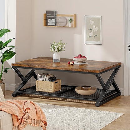 EnHomee Coffee Table with Storage, Modern Coffee Tables for Living Room with Mesh Shelf, 2 Tier Rectangular Center Table for Living Room, Bedroom, 47.2 Inch, Rustic Brown