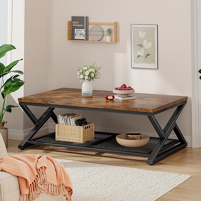 EnHomee Coffee Table with Storage, Modern Coffee Tables for Living Room with Mesh Shelf, 2 Tier Rectangular Center Table for Living Room, Bedroom, 47.2 Inch, Rustic Brown