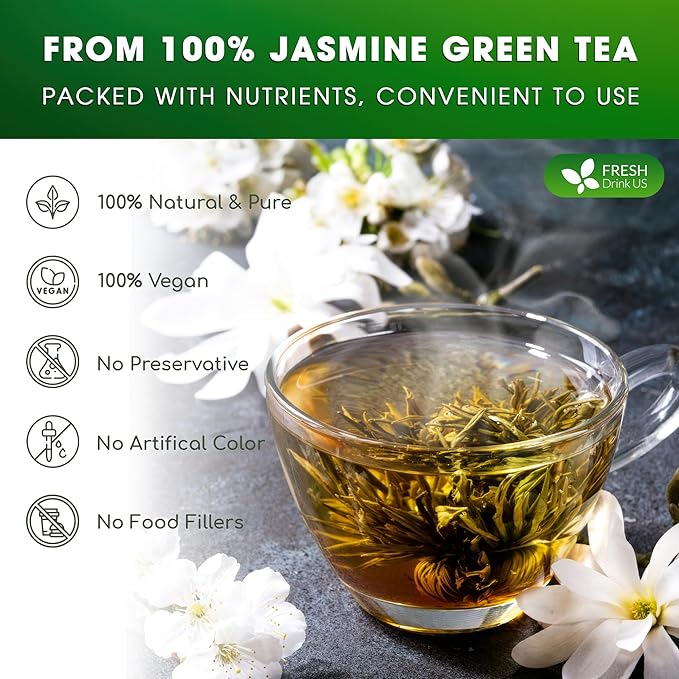 FreshDrinkUS, Premium 40 Jasmine Green Tea Bags, 100% Natural & Pure from Jasmine Green Herbal Tea. Made with Natural Material Tea Bags. No Sugar, No Gluten, Vegan.