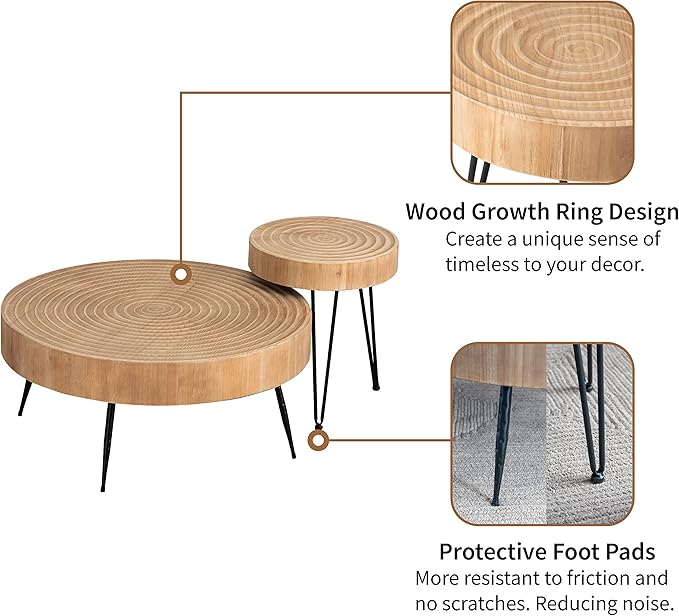 LONYKE 2-Piece Boho Farmhouse Nesting Table with Handcrafted Wood Ring Motif, Round Natural Finish Coffee Table Set for Living Room, French Country Decor, Round
