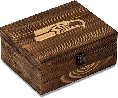 The Memory Company Officially Licensed NFL Wood Boxed Drinkware Set, with 2 Rocks Glasses and Cooling Cubes, Seattle Seahawks