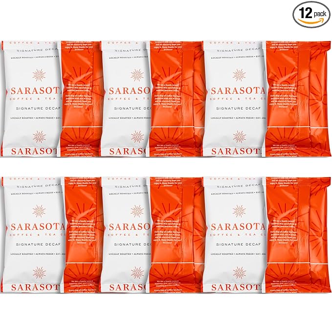 Coffee Packets – Decaf Medium-Dark Roast Ground Coffee, Low Acid Mold Free 2 oz Packs for 12 Cup Brewers, Pre-Measured Fractional Packs, 12 Count Box – Sarasota