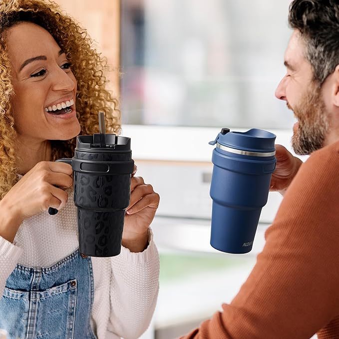 ALOUFEA 20 oz Insulated Coffee Mug Tumbler with Handle, Stainless Steel Travel Mug Tumbler with Lid and Straw,Double Wall Vacuum Leak Proof Ice Coffee Thermal Cup, Dark Rainbow/Indigo Black