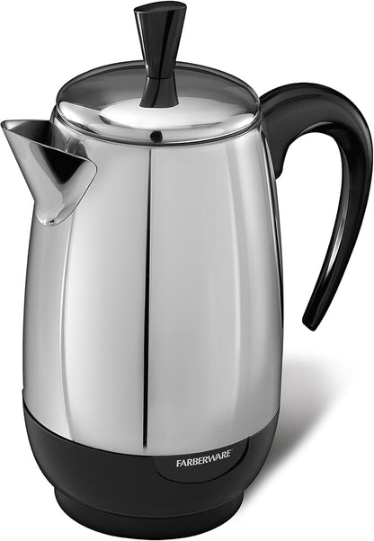 Farberware Electric Coffee Percolator, Stainless Steel Basket, Automatic Keep Warm, No-Drip Spout, 8 Cup