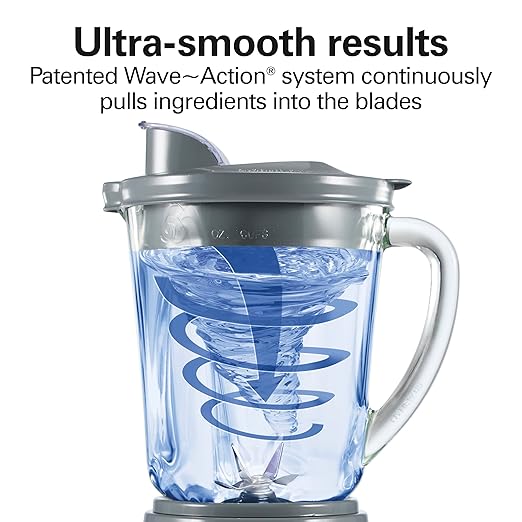 Hamilton Beach Power Elite Wave Action Blender For Smoothies, 40 Oz Glass Jar, 12 Functions Including Puree, Crush Ice, 700 Watts, Grey (58153J)