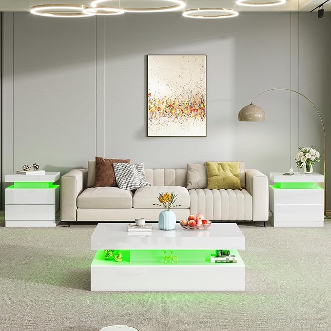 AMERLIFE High Gloss LED Coffee Table, Modern 2-Tier Center Table with LED Lights, Open Storage Space, 40in Simple Rectangular Sofa Side Table for Living Room, White