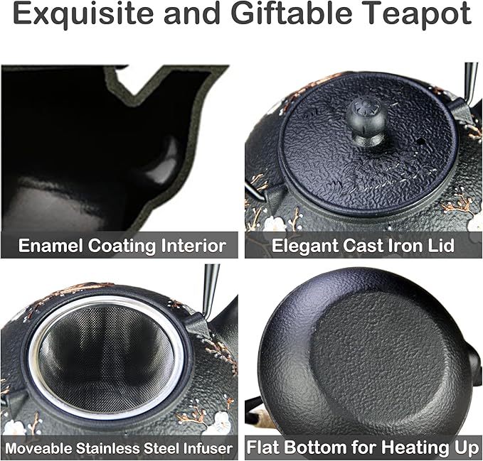 Cast Iron Teapot SECHUDO Teapot for Stovetop Safe Coated with Enameled Interior,Japanese Beautiful Tea Kettle with Stainless Steel Infuser for Loose Tea (30.4oz Plum Blossoms and Bird Pattern)