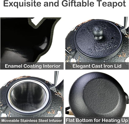 Cast Iron Teapot SECHUDO Teapot for Stovetop Safe Coated with Enameled Interior,Japanese Beautiful Tea Kettle with Stainless Steel Infuser for Loose Tea (30.4oz Plum Blossoms and Bird Pattern)