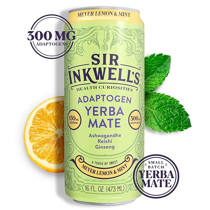 SIR INKWELL'S Adaptogen Yerba Mate Tea | Healthful Energy + Productivity 150 mg Organic Caffeine | 300mg Ashwagandha Reishi Ginseng | Non-GMO Certified | Meyer Lemon & Mint 16oz 12pk