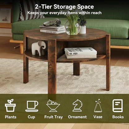 Giantex Round Coffee Table, 2-Tier Mid Century Modern Tea Cocktail Table with Storage Shelves & 4 Side Compartments, Wood Center Table for Living Room, Small Spaces (Rustic Brown)