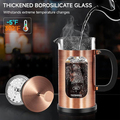 French Press Coffee Maker 34oz / 1 Quart 304 Stainless Steel Coffee Press,with 4 Filters System, Heat Resistant Thickness Borosilicate Glass, Brewed Coffee Pot (Copper)