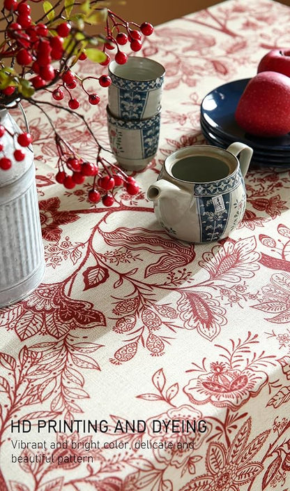 Designer French Linen Extra Long Rectangle Tablecloth,Red Floral Washable Indoor Table Cloth,Durable Home Decor Tablecloths for Dining Thanksgiving Kitchen Party,67"*118"-Ruyi A