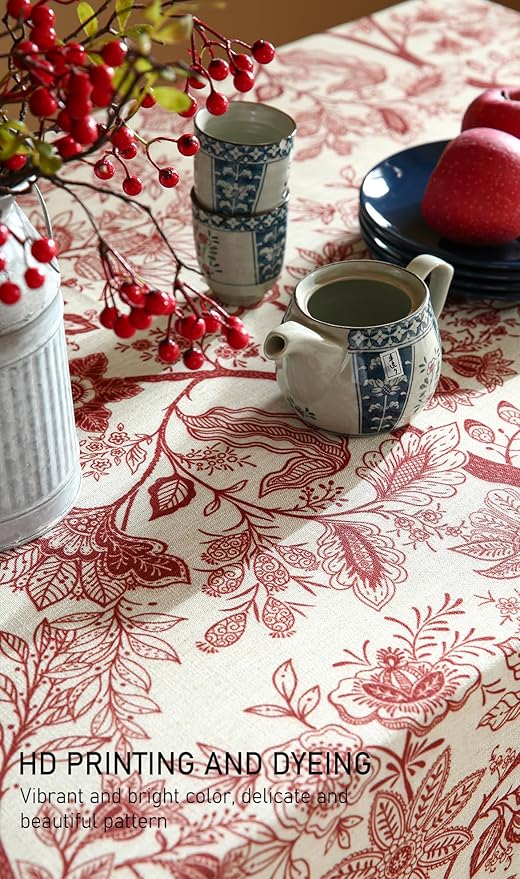 Designer French Linen Table Cloth for Rectangle Table,Red Floral Washable Indoor Tablecloth,Durable Home Decor Tablecloths for Dining Thanksgiving Kitchen Party Christmas,55"*79"-Ruyi A