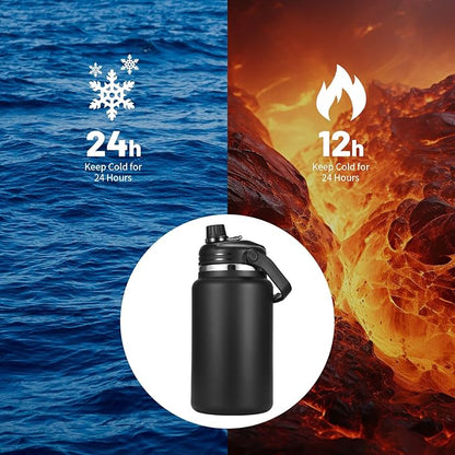 1 Gallon Thermosflask with Straw, 135oz Stainless Steel Insulated Water Bottle，4L Oversized Double Wall Vacuum Jug with Handle for Hot Cold Drinks, Wide mouth Icebuckets for Hiking Sports(Black)