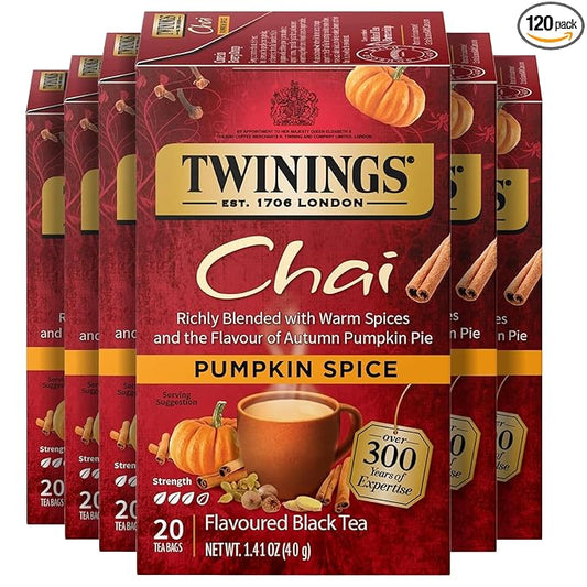 Twinings Pumpkin Spice Chai Black Tea Individually Wrapped Bags | 20 Count (Pack of 6), Warm, Spicy & Aromatic, Caffeinated