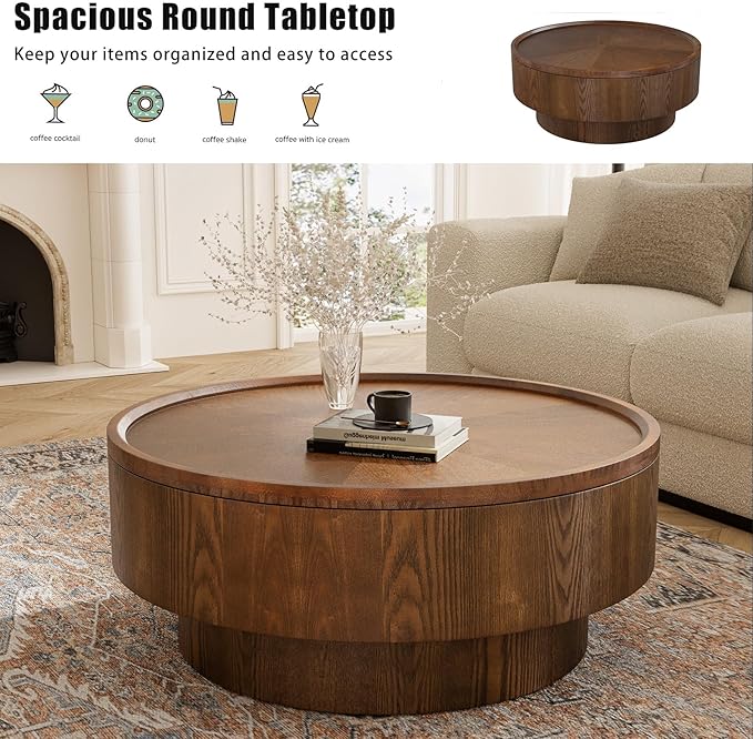 Storage Coffee Table, Handcraft Round Coffee Table with Hidden Storage Removable Top, Modern Solid Wood Veneered Circle Center Table with Sturdy Pedestal for Living Room 、Easy Assembly