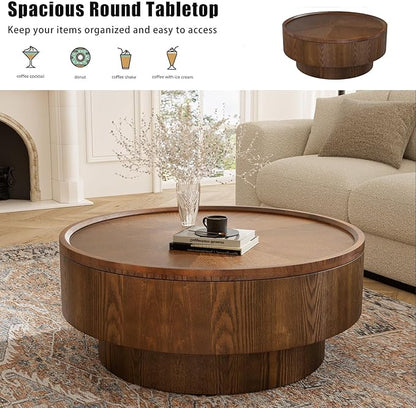 Storage Coffee Table, Handcraft Round Coffee Table with Hidden Storage Removable Top, Modern Solid Wood Veneered Circle Center Table with Sturdy Pedestal for Living Room 、Easy Assembly