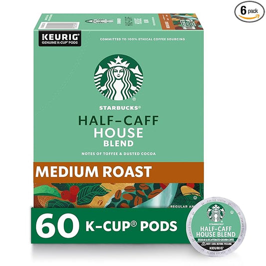 Starbucks K-Cup Coffee Pods, Medium Roast Coffee, Half-Caff House Blend For Keurig Brewers, 100% Arabica, 6 Boxes (60 Pods Total)