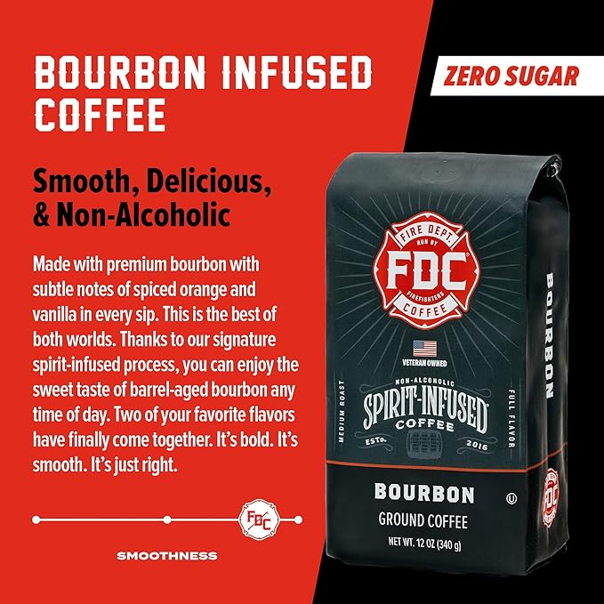 Fire Department Coffee - Bourbon Coffee - Gives Back to Firefighters - Premium Bourbon Infused Grounds - Medium Roast - Non-Alcoholic - Roasted in the USA - Veteran Owned - 12 oz