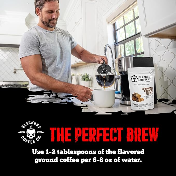 Blackout Coffee Cinnamon French Toast Flavored Ground Coffee – Medium Roast, Smooth Taste, Guilt-Free Indulgence – Freshly Roasted 12oz Pouch