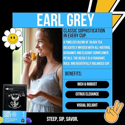 Revival Tea Company Earl Grey Tea - Black Tea Blend with Bergamot and Cornflower Petals - 24 Tea Bags