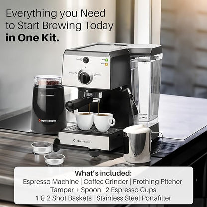 EspressoWorks All-In-One Espresso Machine with 7-Piece Set - Latte Maker Includes Grinder, Cups, Spoon and Tamper - Coffee Gifts (Stainless Steel)